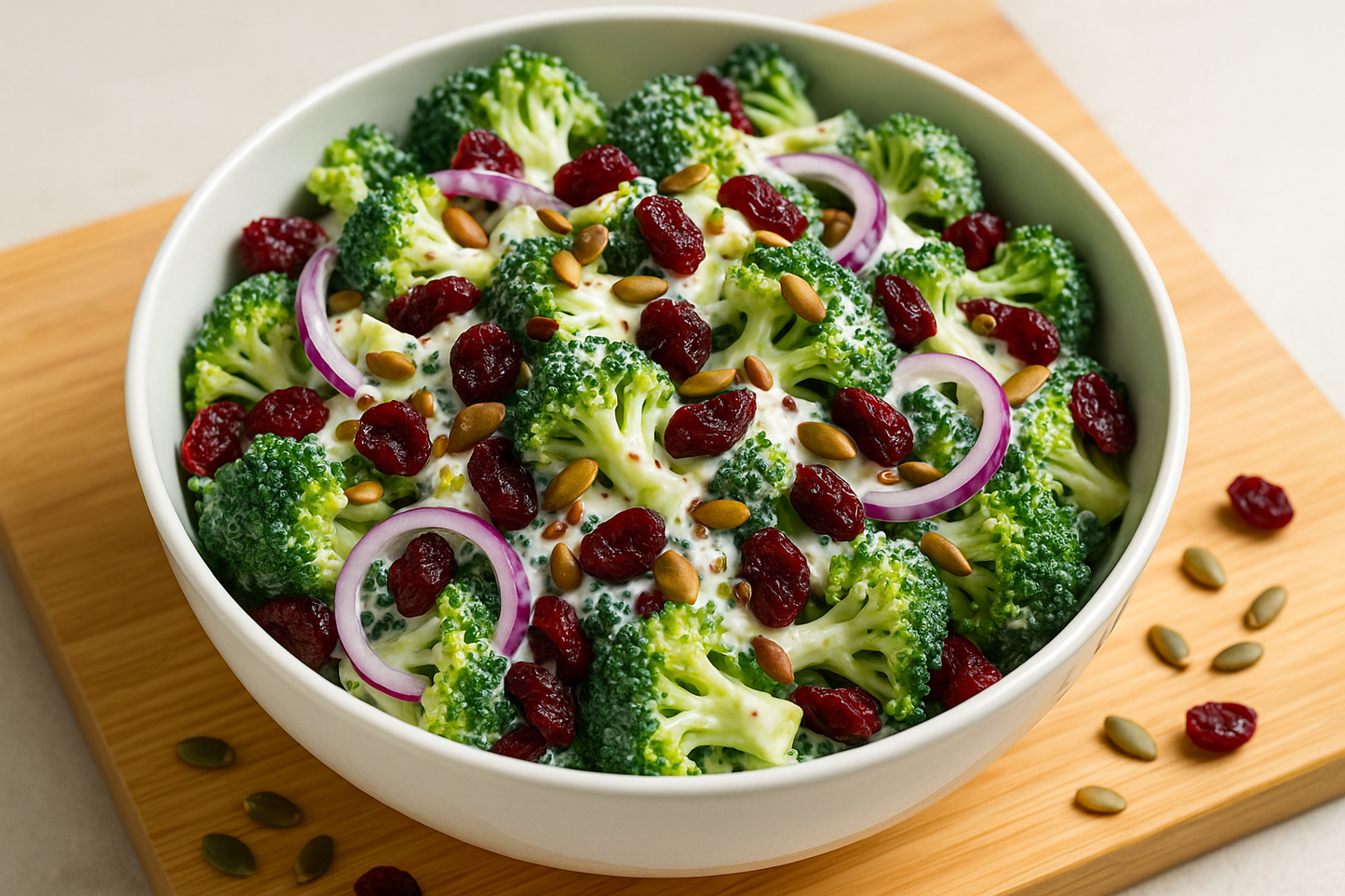 creamy broccoli salad with pumpkin seeds, cranberries and red onion