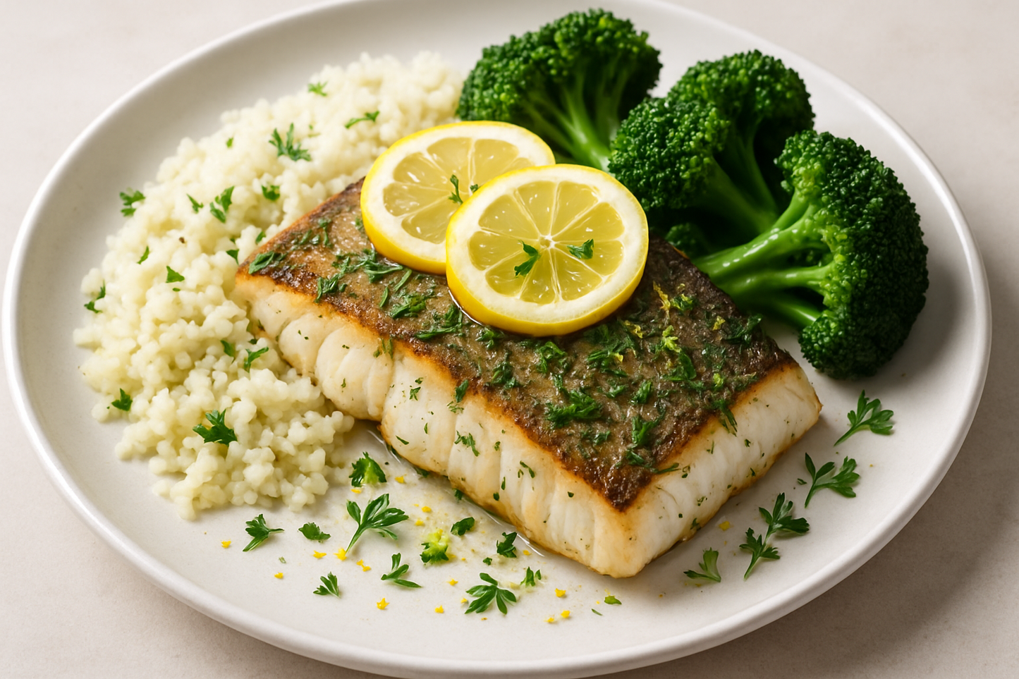 lemon herb haddock with cauliflower rice & steamed broccoli