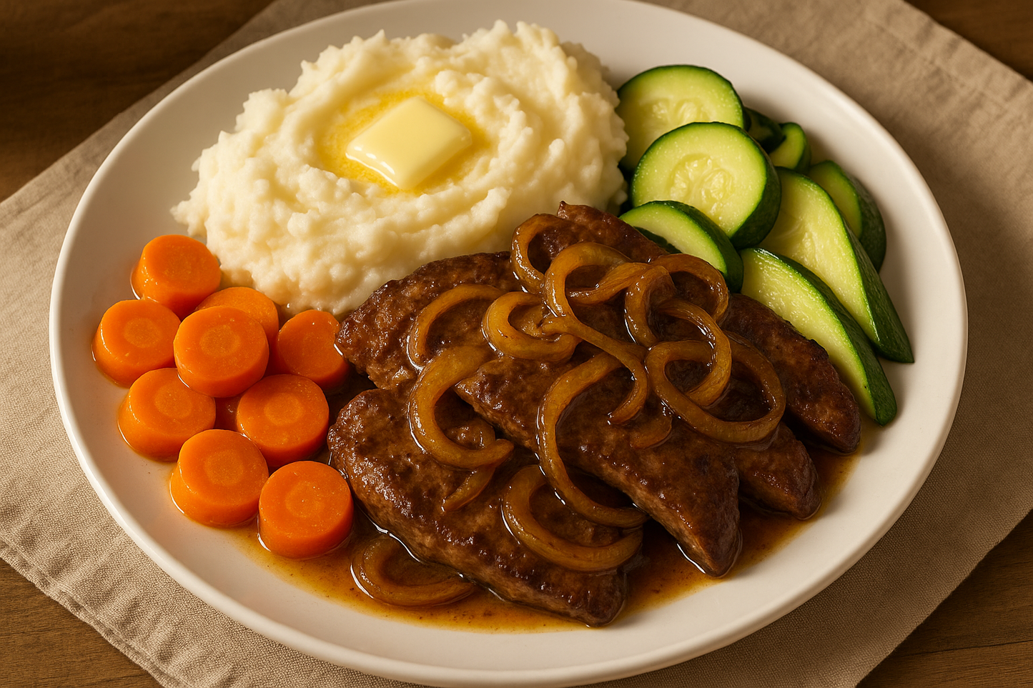 liver & onions with mashed potato, buttery carrots & ZUCCHINI