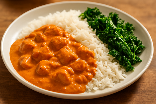 butter chicken over rice with sauteed kale