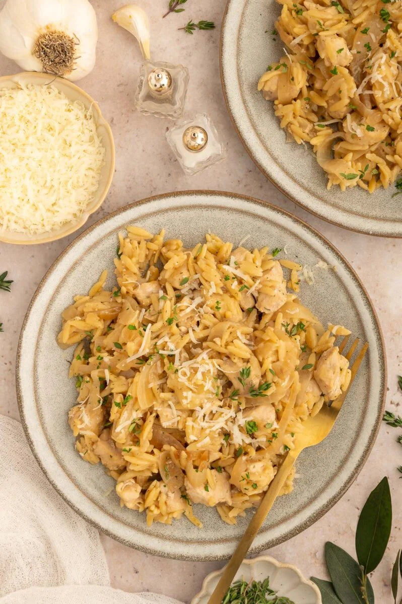 French Onion Chicken Orzo Casserole