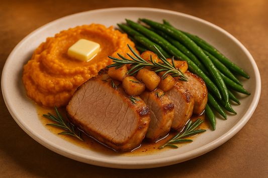 rosemary caramelized apple pork loin with mashed sweet potato & green beans