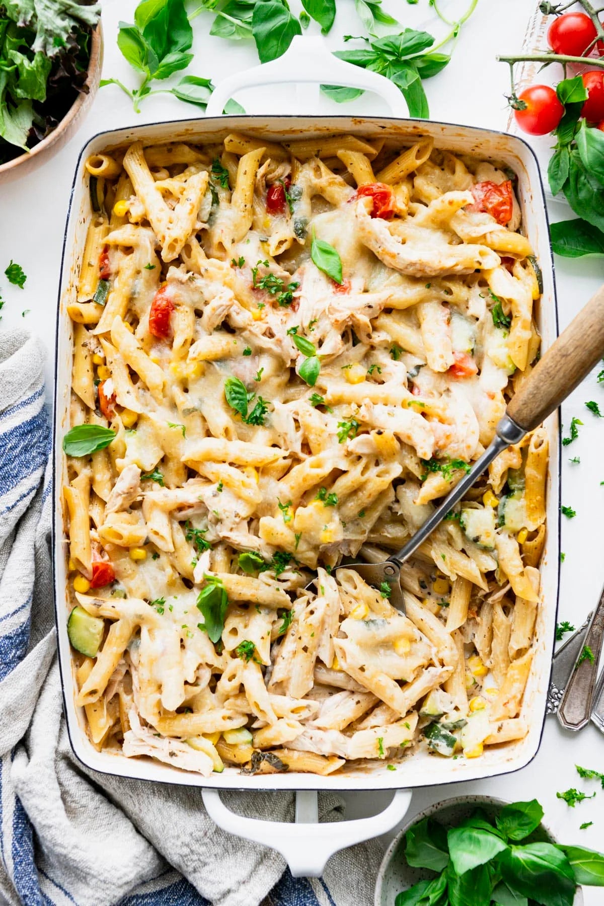 Creamy Summer Chicken & Veggies Pasta Bake