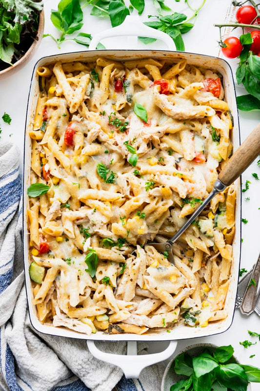 Creamy Summer Chicken & Veggies Pasta Bake