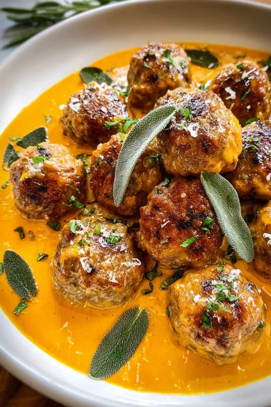 Ground Turkey Meatballs with Pumpkin Sage Sauce Over Spaghetti